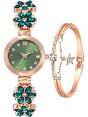 Women's Green Analog Quartz Bracelet Set Fashion Waterproof Flower Shaped Watch